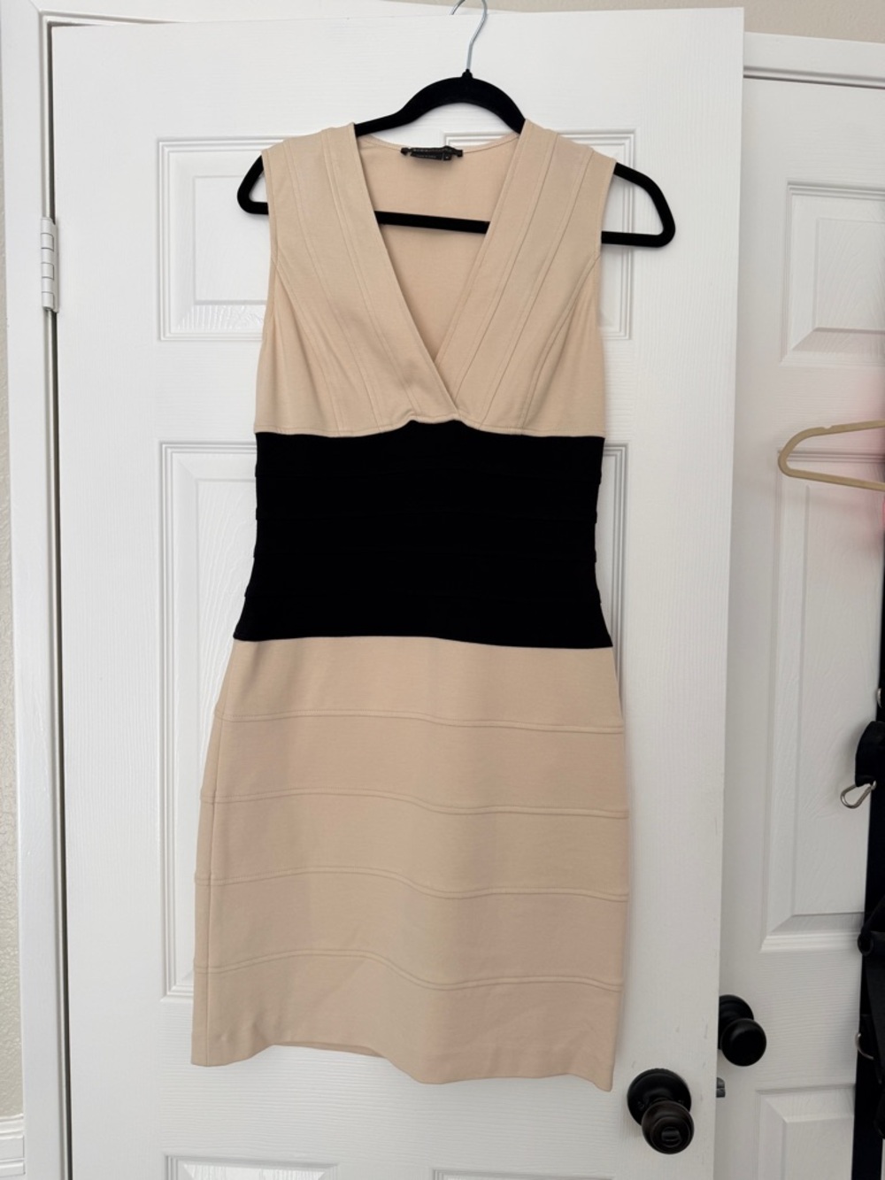 BCBGMaxAzria Beige and Black V-Neck Sheath Dress